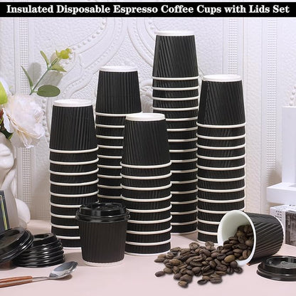 100 4oz Disposable Espresso Cups with Lids Ripple Corrugated Paper Disposable Coffee Cups Cups for Hot Chocolate, Tea, and Cocoa Drinks (Black)