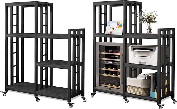 BRIGHTSHOW Free Standing Baker Rack Mini Fridge Stand with Wheels, 6 Tire Kitchen Storage Shelf Organizers Coffee Table Bar Microwave Stand for Patio Garage Shelving Home Porch Decor Office House