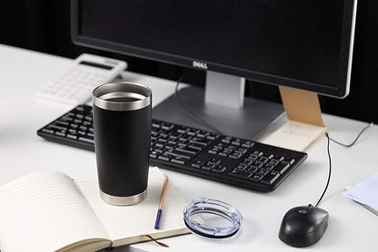 COMOOO 20oz Double Wall Vacuum Insulated Travel Mug, Stainless Steel Tumbler with Lid and Straw Durable Powder Coated Insulated Coffee Cup for Cold & Hot Drinks (Black. 2 pack
