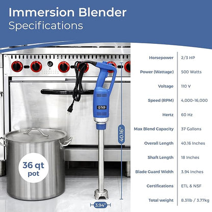 TK Commercial Immersion Blender, 500 Watt/.5 HP Variable Speed Motor, 16,000 RPM Heavy Duty with Performance Assurance - 18"