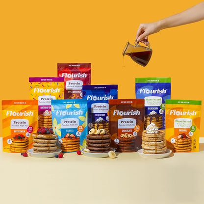 Flourish Plant-Based Protein Pancake & Waffle Mix, Gluten-Free, Dairy-Free, Nut-Free, Soy-Free, Vegan, Non-GMO, All-Natural Superfood, High Protein & Fiber, Just Add Water - Original, 430 g (2 Pack)
