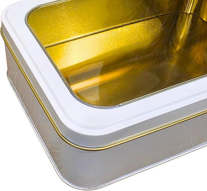 Pack of 6 Pearl White Rectangular Tin Container With Clear Lid, Multipurpose Tin Box, Festive Tin Box for Gift Giving, Cookies, Stationery & More - 7.25 x 5.25 x 2.25 Inches
