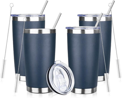 20oz Tumbler Bulk with Lid and Straw, Stainless Steel Double Wall Vacuum Insulated Travel Mug, Powder Coated Coffee Cups for Hot and Cold Drinks,Funny Gifts for Women Men(Navy Blue,4)