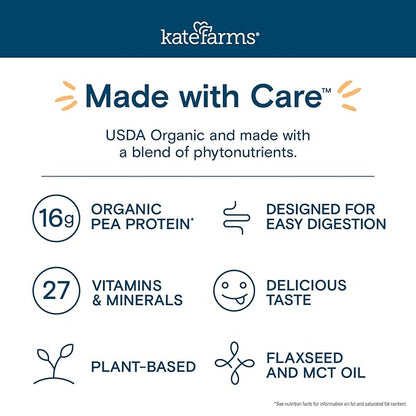 Kate Farms Organic Nutrition Shake, Strawberry, 16g Protein, 27 Vitamins and Minerals, Meal Replacement, 11 oz, 12 Pack
