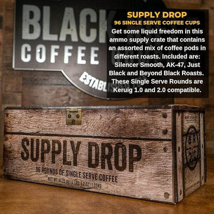 Black Rifle Coffee Company Supply Drop Variety Pack (96 Count of K Cups) - Silencer Smooth (Light), AK-47 (Medium), Just Black (Medium) & BeyondBlack (Dark Roast) - K Cups Coffee Variety Pack