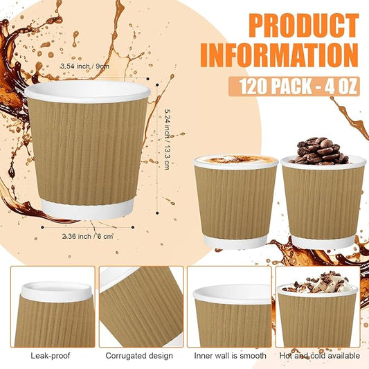 120 Pack Paper Espresso Coffee Cups, 4 oz Disposable Coffee Cups,Corrugated Insulated Ripple Wall, Paper Ripple Cup for Coffee, Hot Chocolate and Hot Tea Drinks -Champagne