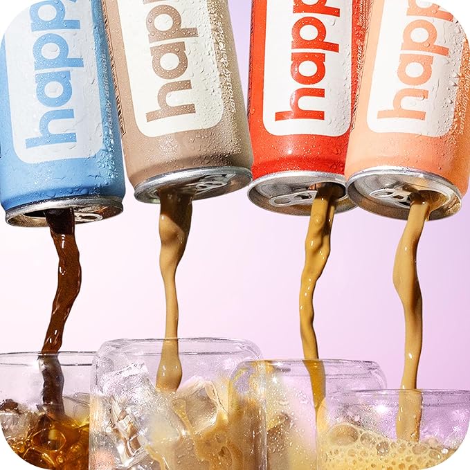 happy coffee canned mocha latte, 11 oz. cans, 12 pack, notes of cocoa & elation, 100% arabica beans, no artificial flavors or sweeteners