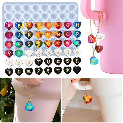 Juome Letter Resin Molds Silicone for Stanley Cup, 48 Pcs Heart Shape Letters Name Number Silicone Molds for Epoxy Resin Casting, DIY Personalized Custom Letter Charm Making for Stanley