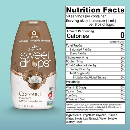 SweetLeaf Sweet Drops Coconut Stevia Liquid Sweetener - Flavor Foods, Keto Coffee with Sugar Free, Zero Calorie, Non-Glycemic Response SweetLeaf Stevia Drops, 1.7 Fl Oz Ea (Pack of 6)