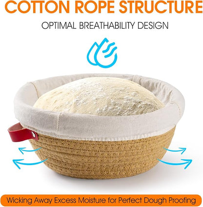 Cotton Rope Banneton Bread Proofing Basket Set - Includes handmade two round bread baskets with liners and covers. Ideal for sourdough bread baking supplies and starters
