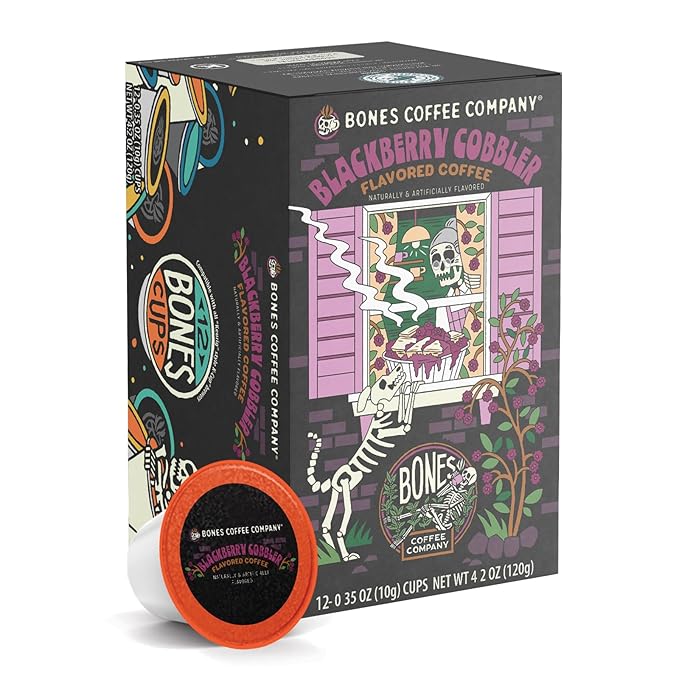 Bones Coffee Company Blackberry Fruit Cobbler Flavored Coffee Pods, Low Acid Medium Roast Single-Serve Bones Cups, Compatible with 1.0 & 2.0 K-Cups Brewers Coffee Maker, 12 Count