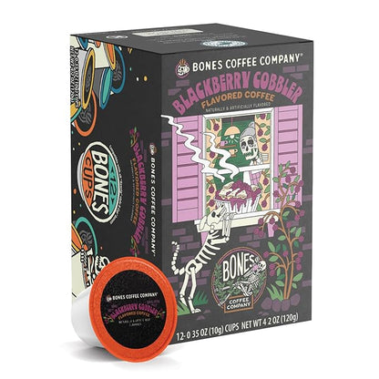 Bones Coffee Company Blackberry Fruit Cobbler Flavored Coffee Pods, Low Acid Medium Roast Single-Serve Bones Cups, Compatible with 1.0 & 2.0 K-Cups Brewers Coffee Maker, 12 Count