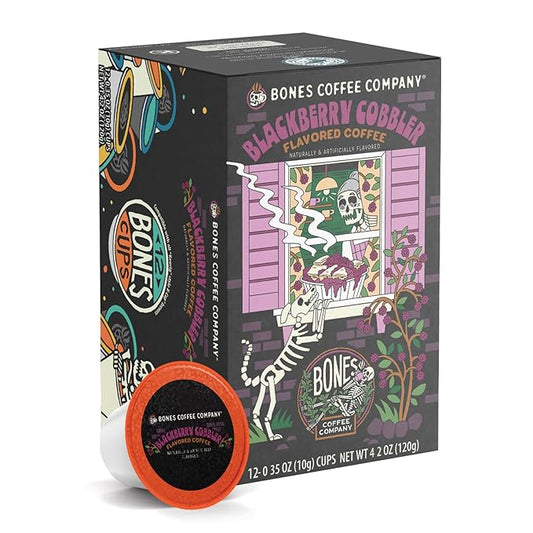 Bones Coffee Company Blackberry Fruit Cobbler Flavored Coffee Pods, Low Acid Medium Roast Single-Serve Bones Cups, Compatible with 1.0 & 2.0 K-Cups Brewers Coffee Maker, 12 Count