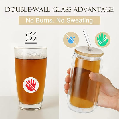 LIBWYS 12oz Double Wall Drinking Glass Cup with Bamboo Lid and Straw, 1 Pc Set – Condensation Resistant Insulated Glass Can Tumbler for Cold Drinks, Iced Coffee, Tea, Juice, Cleaning Brush