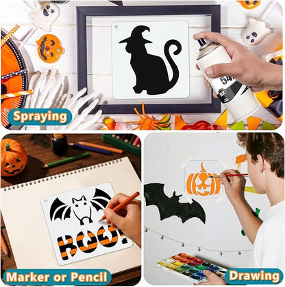 72 PCS 3x3 Inch Halloween Stencils for Painting - Pumpkin, Ghost, Bat, Spider Web Witch Skull Reusable Halloween Painting Templates on Wood, Glass, Fabric, Window Door Decor DIY Decoration