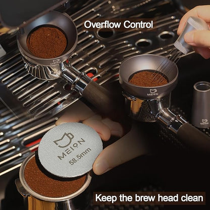 MEION 58mm Espresso Dosing Funnel and 58.5mm Puck Screen Set for 58mm Portafilters, Magnetic Coffee Portafilter Funnel, Reusable Espresso Puck Screen, Espresso Tools Accessories (Silver, 58mm)