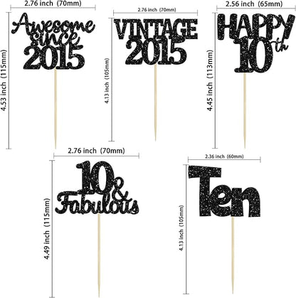 Gyufise 30Pcs Vintage 2015 Cupcake Toppers Glitter Ten Happy 10th Cupcake Picks Cheers to 10 Years Birthday Cake Decorations for Happy 10th Birthday Anniversary Party Supplies Black