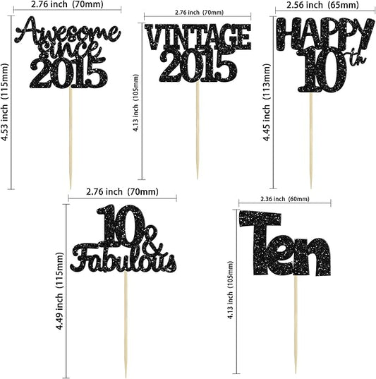 Gyufise 30Pcs Vintage 2015 Cupcake Toppers Glitter Ten Happy 10th Cupcake Picks Cheers to 10 Years Birthday Cake Decorations for Happy 10th Birthday Anniversary Party Supplies Black