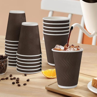 12 oz Coffee Cups Disposable, 100 Count Insulated Paper Coffee Cups, Corrugated Ripple Wall Design Paper Cup, Hot Cold Drinking Cup for Party, Picnic, Travel, Business, Home