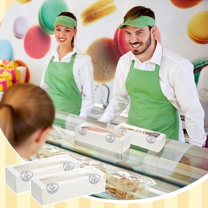 Sherr 100 Pcs White Macaron Boxes with Window, Cookies Boxes with 200 Pcs Stickers Long Bakery & Dessert Gifts Containers for Donuts, Pastry, Chocolate Covered Strawberry