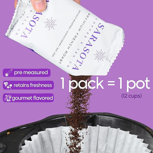 Sarasota Coffee Ground Packets | Low Acid Dark Roast Ground Coffee Packs | European French Roast | Mold Free Singles | Ground Pouches | Individual Packets for 12 Cup Coffee Maker | 1.5 Ounce Bags, 42 Count