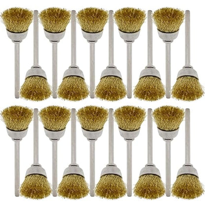 20PCS Brass Wire Brushes - Metal Rust Removal, Cleaning, and Polishing - 15mm Diameter, 1/8″ (3mm) Shaft - Removes Burrs, Dust, and Oxide Layer - Handles Rough Surfaces - Rotary Tool Accessories
