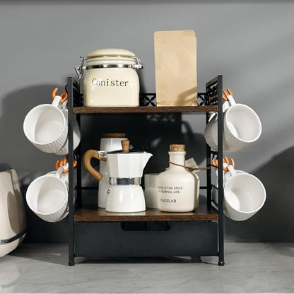 Coffee Bar Organizer Countertop, 2 Tier Mug Cup Holder Stand with 12 Hooks, 30 K Cup Coffee Pod Drawer with Mug Rack, Multifunctional Shelf Organizer for Accessories Station Kitchen (Brown)