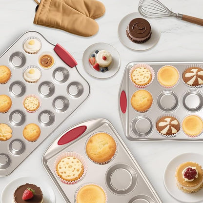 Muffin Pan 6-Cup, 2-Pack Nonstick 6 Tin Cupcake Pan with Silicone Grip Handles, Toaster Oven Baking Supplies Small Cheesecake Cup Cake Tray- Non-toxic & Dishwasher Safe