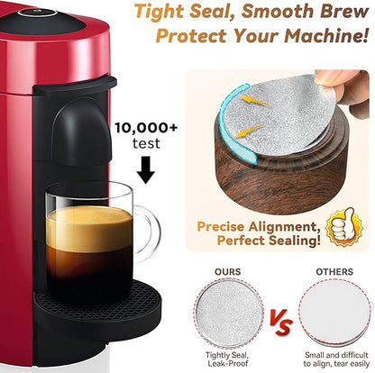 Reusable Vertuo Pod Refill Kit for Nespresso: Reusable Vertuo Capsule for Nespresso/Coffee Pods Vertuoline with 100 Aluminum Foil Lids for Any Size of Vertuo Plus Espresso Pod- Wood Grain Holder