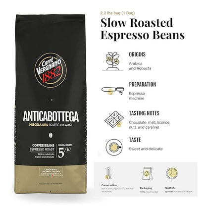 Caffe Vergnano 1882 Antica Bottega Whole Bean Arabica Medium Roast Espresso, 2.2 lbs Bag - Italian Coffee Beans with notes of Chocolate, Nuts & Caramel, Intensity 5/10-1000g Bag