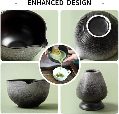 Matcha Whisk Set,Matcha Set Includes Ceramic Bowl with Spout,Stainless Sifter,Scoop,Whisk and Holder,Complete 5 Pcs Japanese Matcha Kit Making Tools,White