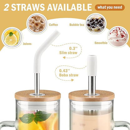 Kodrine Tumbler with Lid and Straw, 24 oz Glass Tumbler with Handle, Iced Coffee Cup Boba Smoothie Cup, Coffee Tumbler Water Tumbler Cups with Bamboo Lid Home Office Tumblers, White