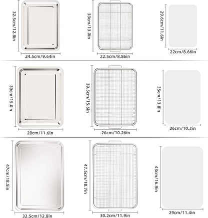 Air Fryer Basket for Oven, 3 Set Stainless Steel Oven Air Fryer Basket and Tray with 90 PCS Parchment Papers, OPENICE Air Fryer Pans and Crisper Tray - 18.7" x 12.8", 15.6" × 11.6" & 12.8" × 9.6"