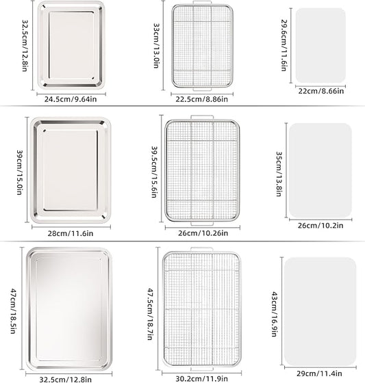 Air Fryer Basket for Oven, 3 Set Stainless Steel Oven Air Fryer Basket and Tray with 90 PCS Parchment Papers, OPENICE Air Fryer Pans and Crisper Tray - 18.7" x 12.8", 15.6" × 11.6" & 12.8" × 9.6"