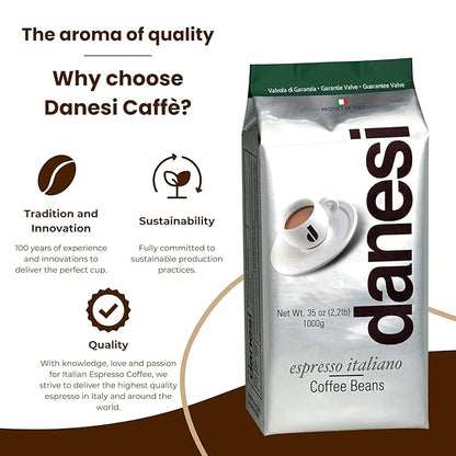 Danesi Caffe Italian Whole Coffee Beans - Espresso Coffee Beans and Medium Roast Whole Bean - Perfect for Espresso Machines, French Press, and Home Brewing - Emerald (2.2 lb)