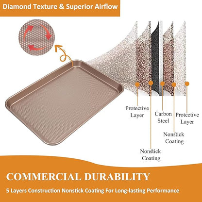 SS&CC Nonstick Baking Sheet Pan Set of 3, 0.8mm Carbon Steel Cookie Sheets for Oven - Half/Quarter/Jelly Roll Pans with Diamond Texture, PFOA-Free & Oven Safe (17.5x12, 15.5x10.2, 13.5x9.5 Inch)