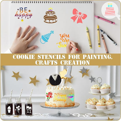 JULBEAR Birthday Cookie Stencils, 36 Pieces Reusable Coffee Decoration Stencils Templates Tools for Cookies Baking Painting Dessert Decoration DIY Birthday Party Decor