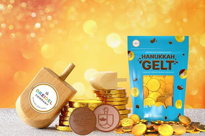 The Dreidel Company 200-Pack Chocolate Candy Milk Chocolate Coins, Hanukkah Gelt, Gold Coins, With Menorah and Dreidel Designs Made with Belgian Chocolate, Gluten Free, Non GMO, Nut-Free, Kosher Certified