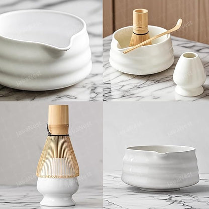 7-Piece Matcha Tea Set with Gift Card – 120-Prong Bamboo Whisk, Ceramic Bowl with Spout, Whisk Holder, Scoop, Spoon, Strainer & Scoop Holder – Ideal Gift for Matcha Lovers (White, 100-Prong)