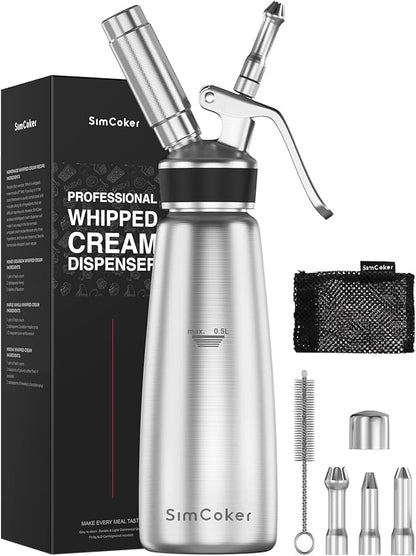 Professional Stainless Steel Whipped Cream Dispenser – 500 mL / 1 Pint, Includes 3 Decorating Nozzles, Cleaning Brush & Storage Bag – Ideal for Desserts, Coffee & Pastries (N₂O Chargers Not Included)