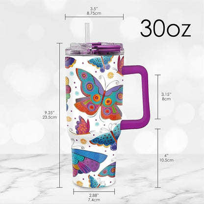 RainCaper 18/8 Stainless Steel Insulated Water Tumbler with Straw | 30oz, BPA-Free, Double Wall for Hot & Cold | Travel-Friendly, Cup Holder Ready (Laurel Burch Mariposas)