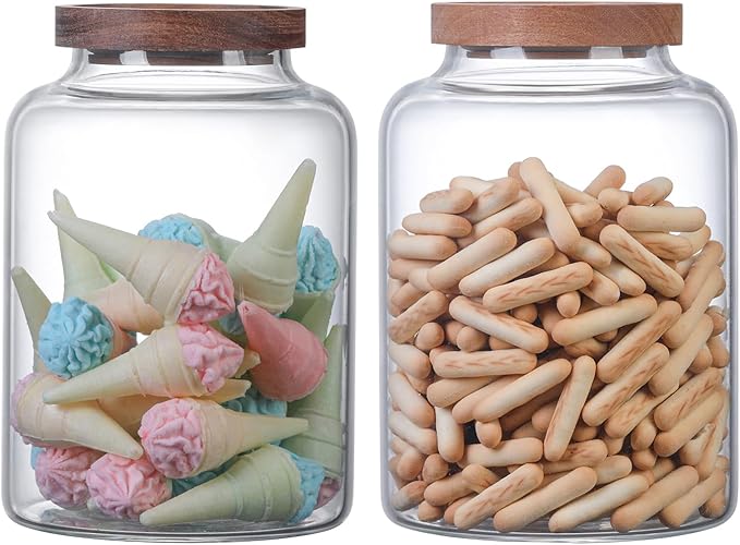 Large Glass Jar with Lid Set of 2, Glass Sugar Containers Kitchen Canisters Pantry Glass Food Storage Container for Candy Coffee Bean Cereal Flour Cookies (67oz(2000ml)-2 pack)