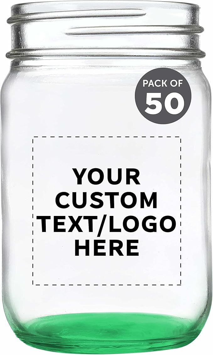 DISCOUNT PROMOS Custom Decorating Mason Jars 12 oz. Set of 50, Personalized Bulk Pack - Glass Jars for Overnight Oats, Candies, Fruits, Pickles, Spices, Beverages - Green