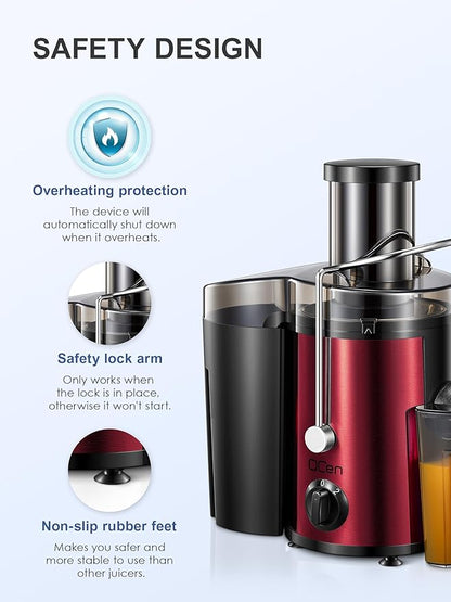 QCen Juicer Machine, 500W Centrifugal Juicer Extractor with Wide Mouth 3” Feed Chute for Fruit Vegetable, Easy to Clean, Stainless Steel, BPA-free (Metallic Red)