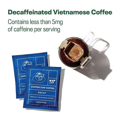 Copper Cow Coffee Pour Over Single-Serve Vietnamese Coffee Pouches (8 pack) | Decaf | Dark Roast | Convenient Vietnamese Ground Coffee Packets
