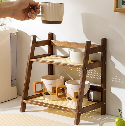 KISKIS Cup Mug Holder Wooden & bamboo look, Non-Slip Coffee Cup Rack Organizer, Bathroom Stand Storage Shelf with 2 Tier, Kitchen Countertop Spice Rack