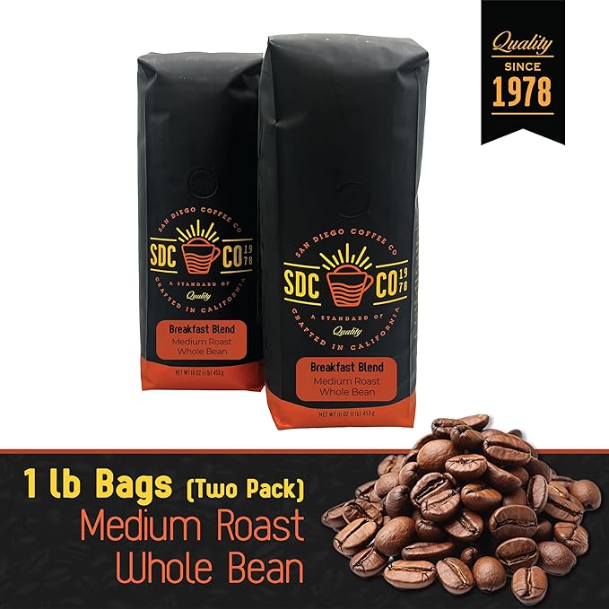 San Diego Coffee Breakfast Blend, Medium Roast, Whole Bean Coffee, 16-Ounce Bags (Pack of 2) Café en grano tostado