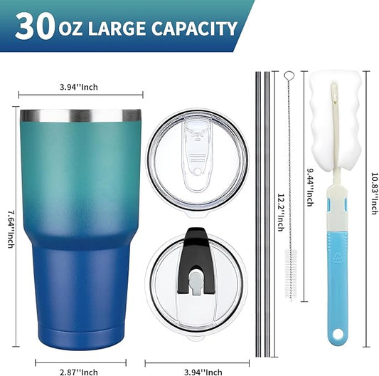 30 oz Tumbler with Lids and Straws, Stainless Steel Insulated Coffee Tumbler, Double Wall Vacuum Insulated Travel Mug Cup, Leakproof Thermal Coffee Cup for Hot and Cold Drinks (dark green blue)
