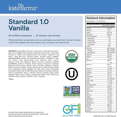 KATE FARMS Organic 1.0 Sole-Source Nutrition Shake, Vanilla, 16g Protein, 27 Vitamins and Minerals, Meal Replacement, Protein Shake, 11 oz (12 Pack)