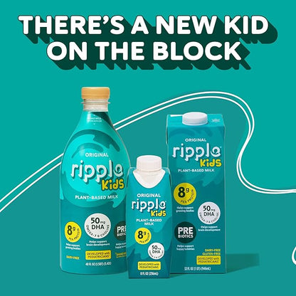 Ripple Kids Original Plant Based Milk | Pediatrician Recommended | 8g Pea Protein | Shelf Stable | Vegan & Non GMO Certififed | Dairy, Soy, Nut, Gluten, and Lactose Free | 8 Fl Oz (Pack of 12)